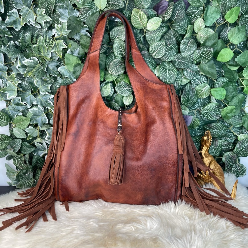 Frye Farrah Fringe Tote Shoulder Bag Cognac Brown